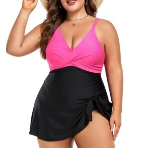 MFAVIP Women Plus Size Swim Dress Tummy Control One Piece Swimsuit V Neck Wrap